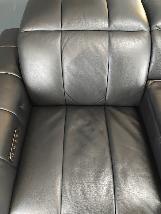 Sofology The Paramount Leather 2 Seater Console Power Recliner/Headrest Heated Seat Speakers in Trusty Embossed Jet Black