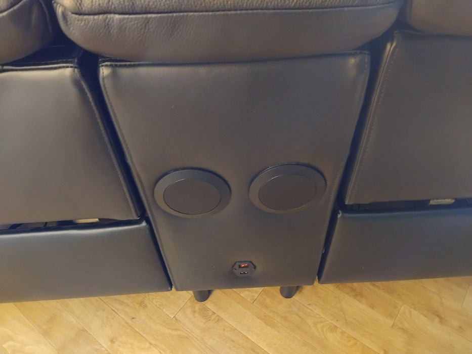 Sofology The Paramount Leather 2 Seater Console Power Recliner/Headrest Heated Seat Speakers in Trusty Embossed Jet Black