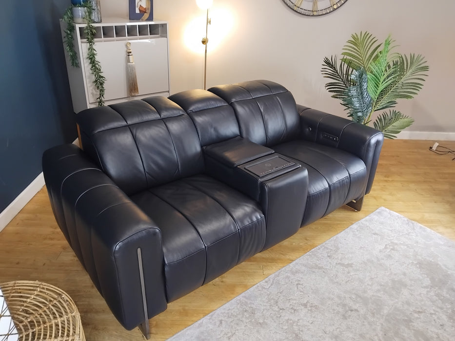 Sofology The Paramount Leather 2 Seater Console Power Recliner/Headrest Heated Seat Speakers in Trusty Embossed Jet Black