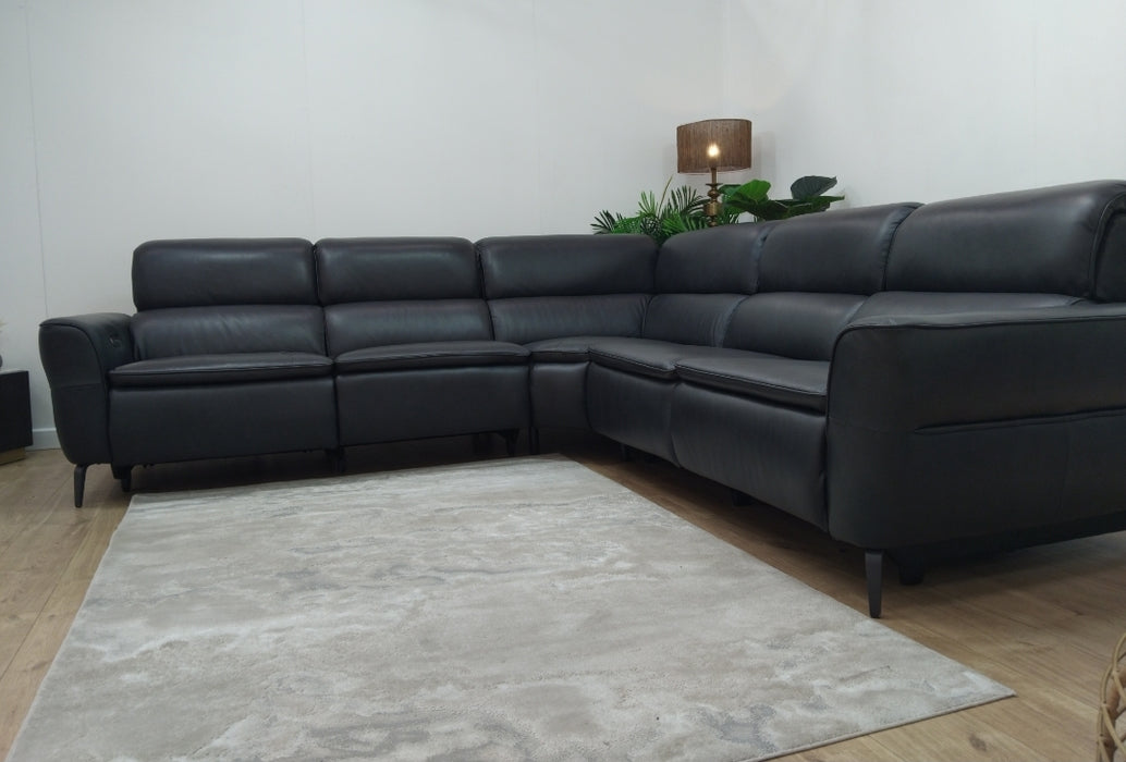 Sofology Viento Leather 3 Corner 3 Power Recliner/Headrest Lumbar in Trusty Embossed Navy