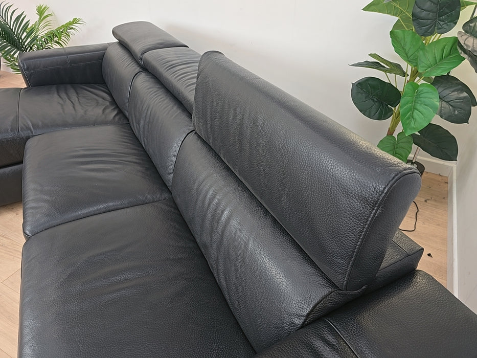 Gemini 4 Seater Chaise w/ Storage - Leather Sofa - Black