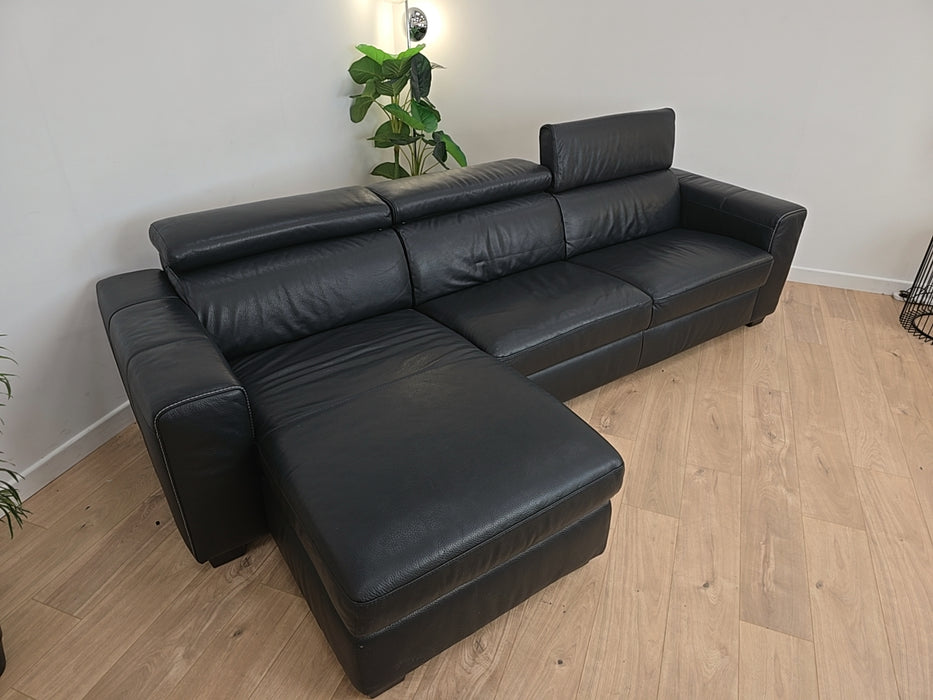 Gemini 4 Seater Chaise w/ Storage - Leather Sofa - Black