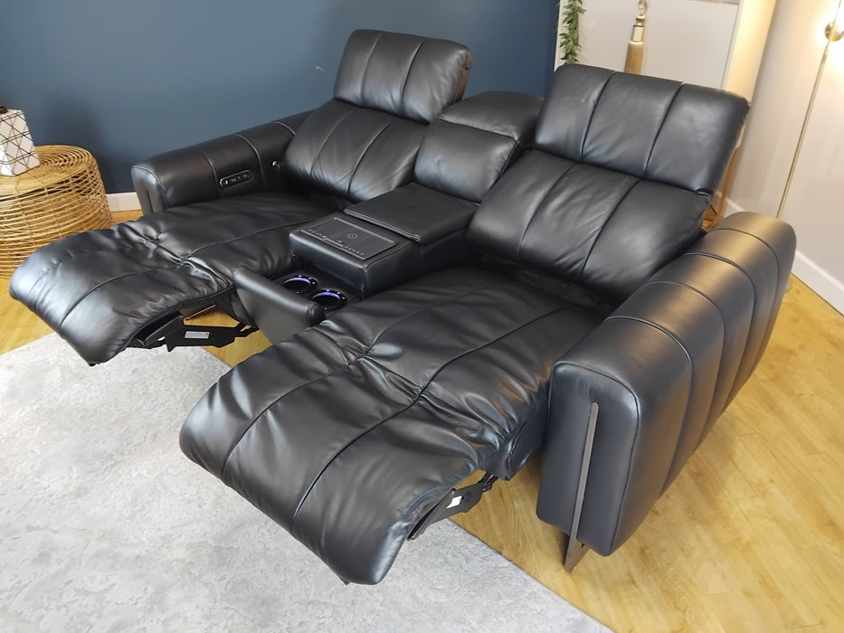 Sofology The Paramount Leather 2 Seater Console Power Recliner/Headrest Heated Seat Speakers in Trusty Embossed Jet Black