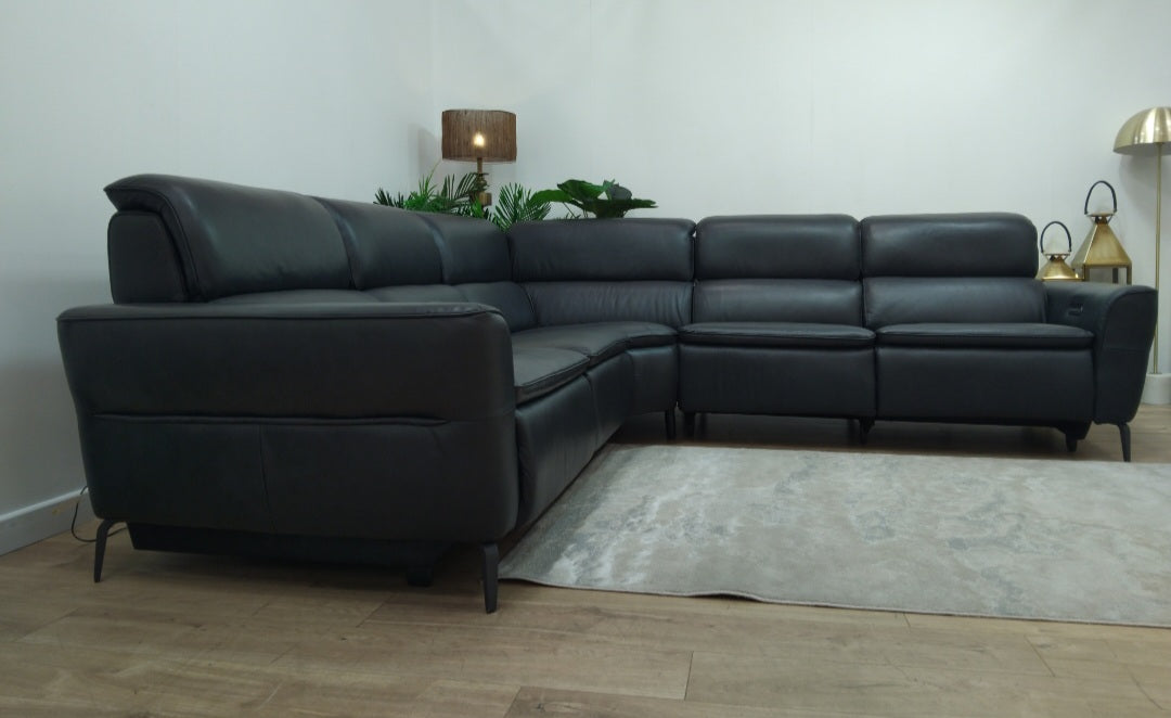 Sofology Viento Leather 3 Corner 3 Power Recliner/Headrest Lumbar in Trusty Embossed Navy
