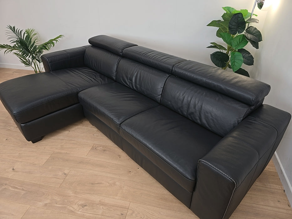 Gemini 4 Seater Chaise w/ Storage - Leather Sofa - Black