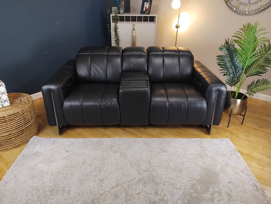 Sofology The Paramount Leather 2 Seater Console Power Recliner/Headrest Heated Seat Speakers in Trusty Embossed Jet Black