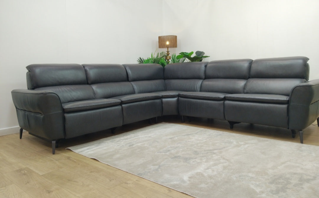 Sofology Viento Leather 3 Corner 3 Power Recliner/Headrest Lumbar in Trusty Embossed Navy