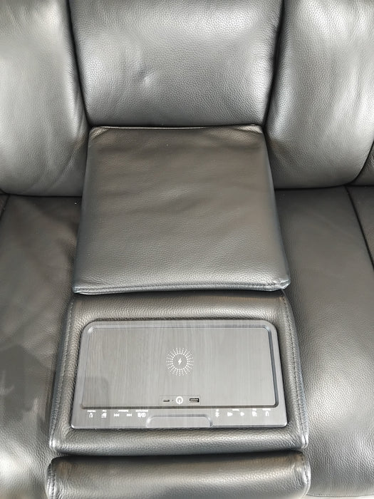 Sofology The Paramount Leather 2 Seater Console Power Recliner/Headrest Heated Seat Speakers in Trusty Embossed Jet Black
