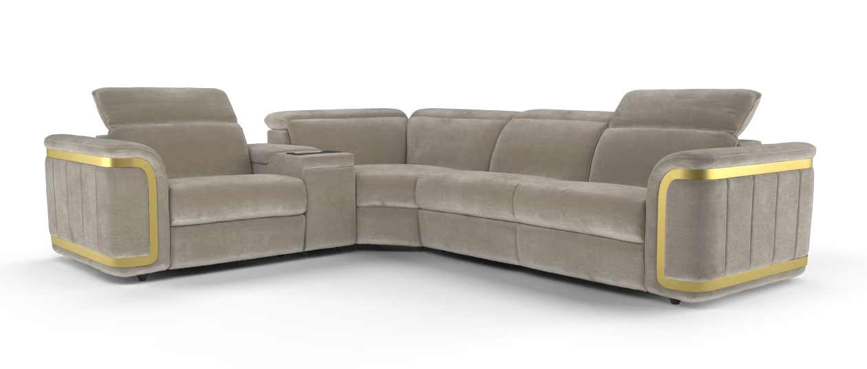 Sofology Plaza Fabric 1.5 Smart Console Corner 3 Power Recliner/Headrest Heated Seats in Relaxed Chenille Nutmeg