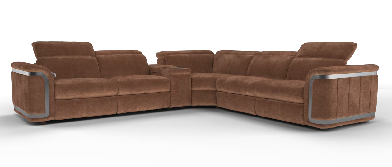 Sofology Plaza 3 Smart Console Corner 3 Power recliner Power Headrest in Chenille Burnt Sienna