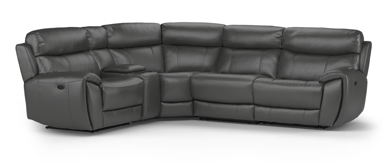 Sofology Radleigh Leather 1.5 Corner 2.5 Console Triple Power Recliner/Headrest in Trusty Soft Sheen Charcoal