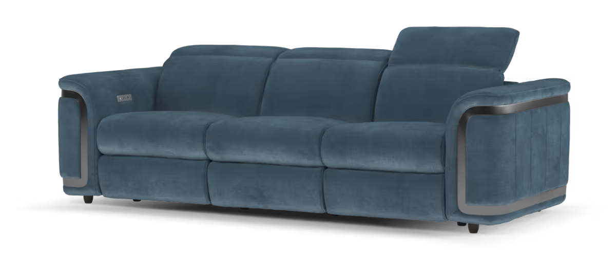 Sofology Plaza Fabric 3 Seater Power Recliner/Headrest Heated Seat in Relaxed Chenille Denim