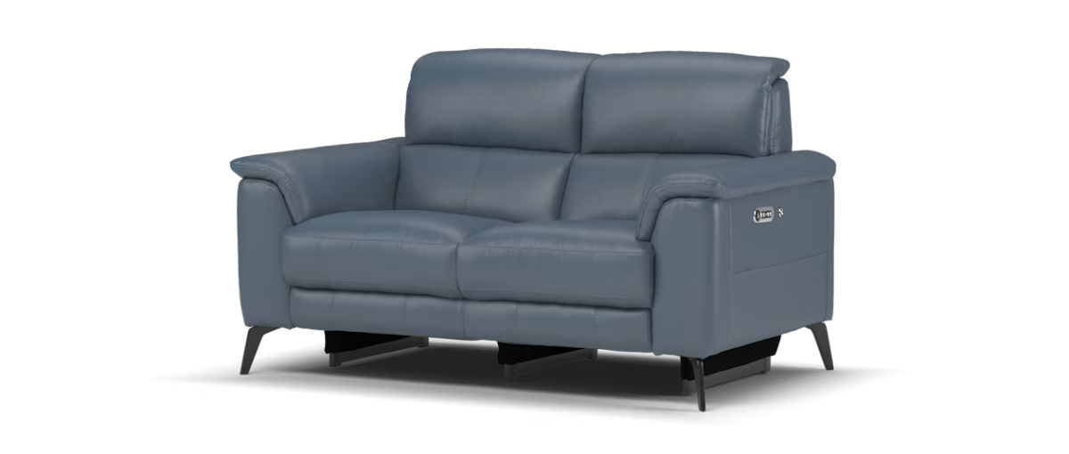 Sofology Illinois Leather 2 Seater Power Recliner/Headrest Heated Seats in Trusty Soft Sheen Smoke Blue