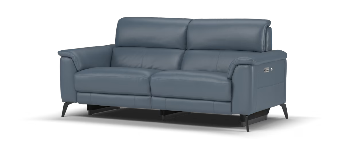 Sofology Illinois Leather 3 Seater Power Recliner/Headrest in Trusty Soft Sheen Smoke Blue