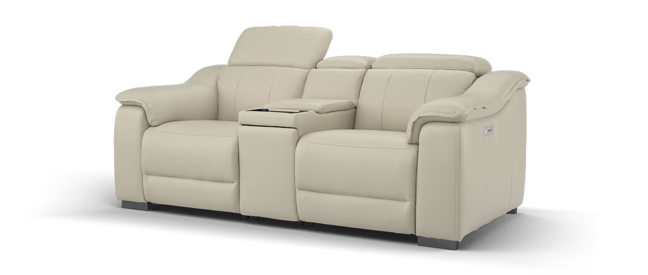 Sofology Leather Carrera 2 Seater Smart Console Power Recliner/Headrest Heated Seat in Trusty Embossed Stone