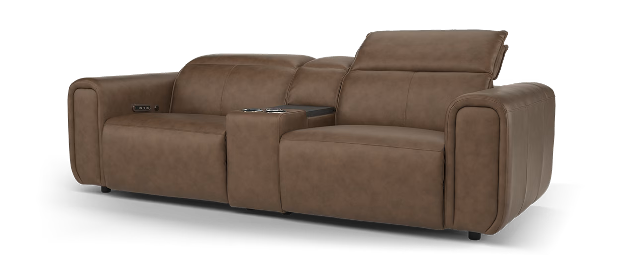 Sofology The Premiere 2.5 Seater Recliner Sofa Console in Trusty Embossed Leather Chestnut