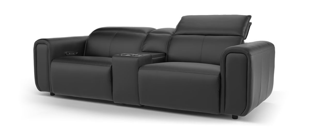 Sofology Premiere Leather 2.5 Seater Smart Console Power Recliner/Headrest Heated Seats in Trusty Embossed Jet Black