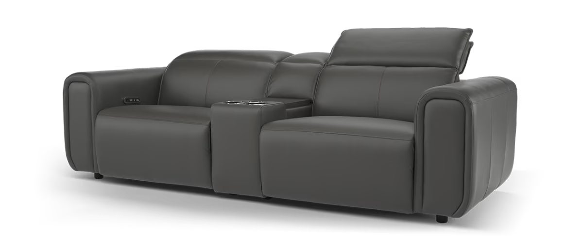 Sofology Premiere Leather 2 Seater Smart Console Power Recliner/Headrest Heated Seat in Trusty Embossed Charcoal