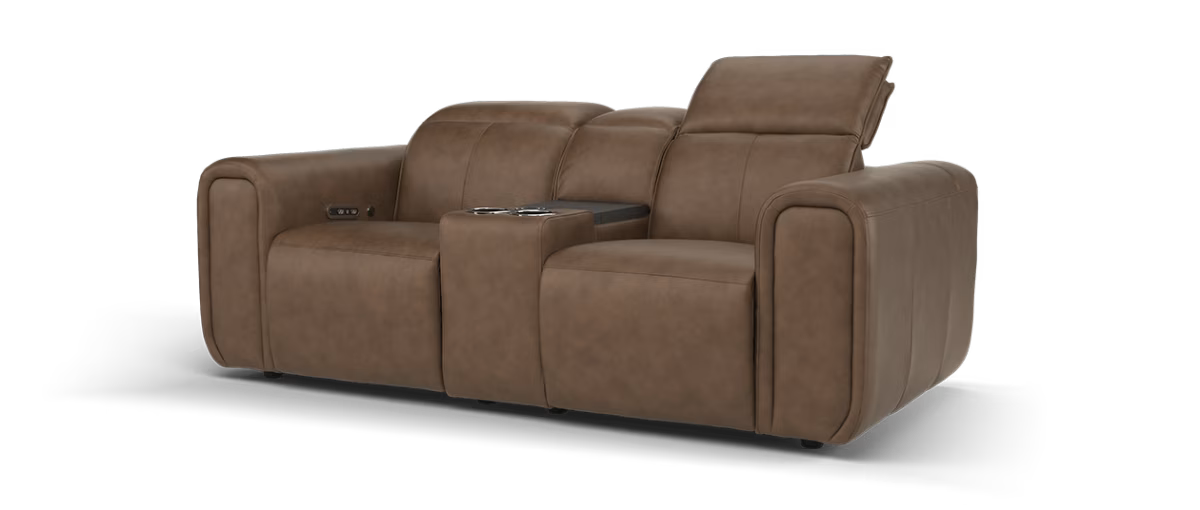 Sofology Premiere Leather 2 Seater Smart Console Power Recliner/Headrest Heated Seat in Trusty Embossed Chestnut