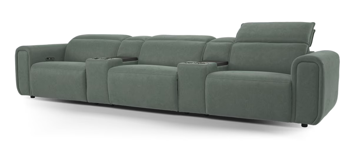 Sofology Premiere Fabric 3 Seater Cinema Sofa Consoles Power Recliner/Headrest x 3 in Lifestyle Flecked Mineral Green