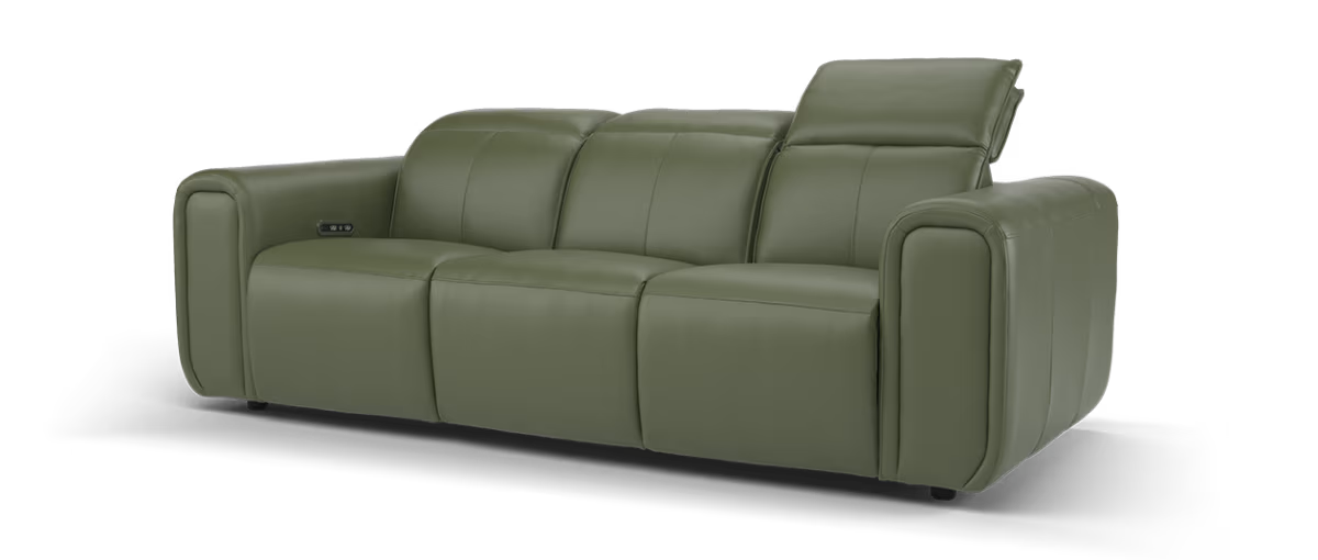 Sofology Premiere Leather 3 Seater Power Recliner/Headrest in Trusty Embossed Dark Olive