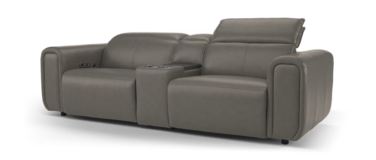 Sofology Premiere Leather 2.5 Seater Smart Console Power Recliner/Headrest in Trusty Embossed Grey