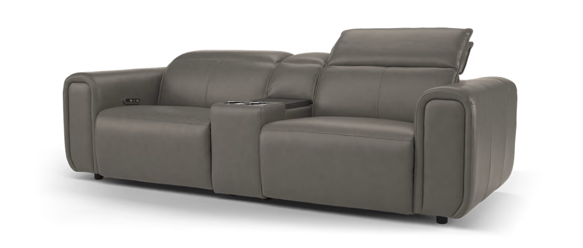 Sofology Premiere Leather 2.5 Seater Smart Console Power Recliner/Headrest in Trusty Embossed Grey