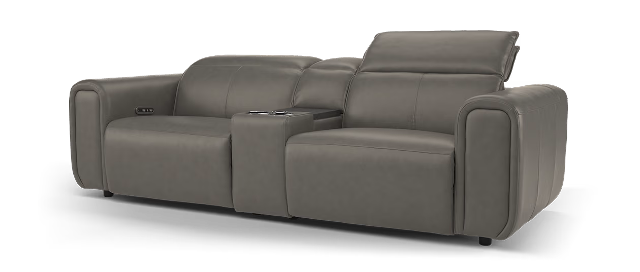 Sofology Premiere Leather 2.5 Seater Smart Console Power Recliner/Headrest in Trusty Embossed Grey