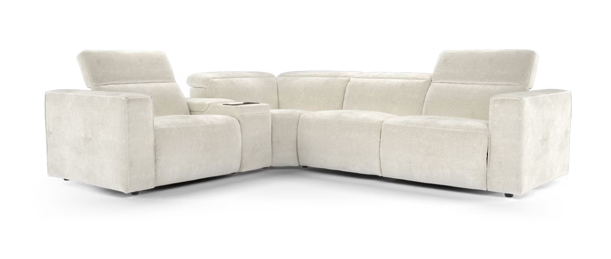 Sofology Horizon Fabric 1.5 Smart Console Corner 3 Power Recliner/Headrest Heated Seats in Textured Chenille Stone