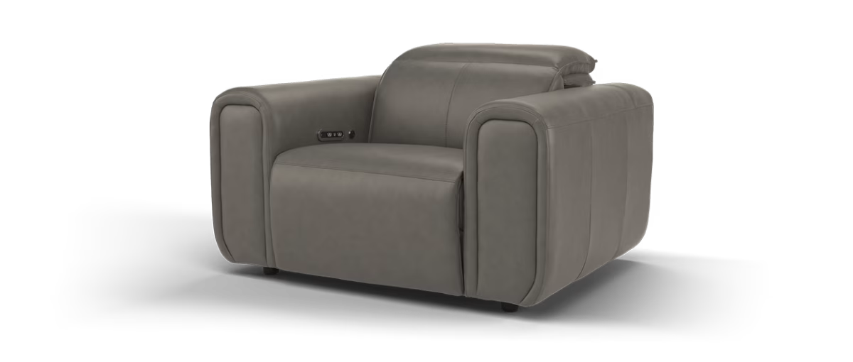 Sofology Premiere Leather Loveseat Power Recliner/Headrest Heated Seat in Trusty Embossed Grey