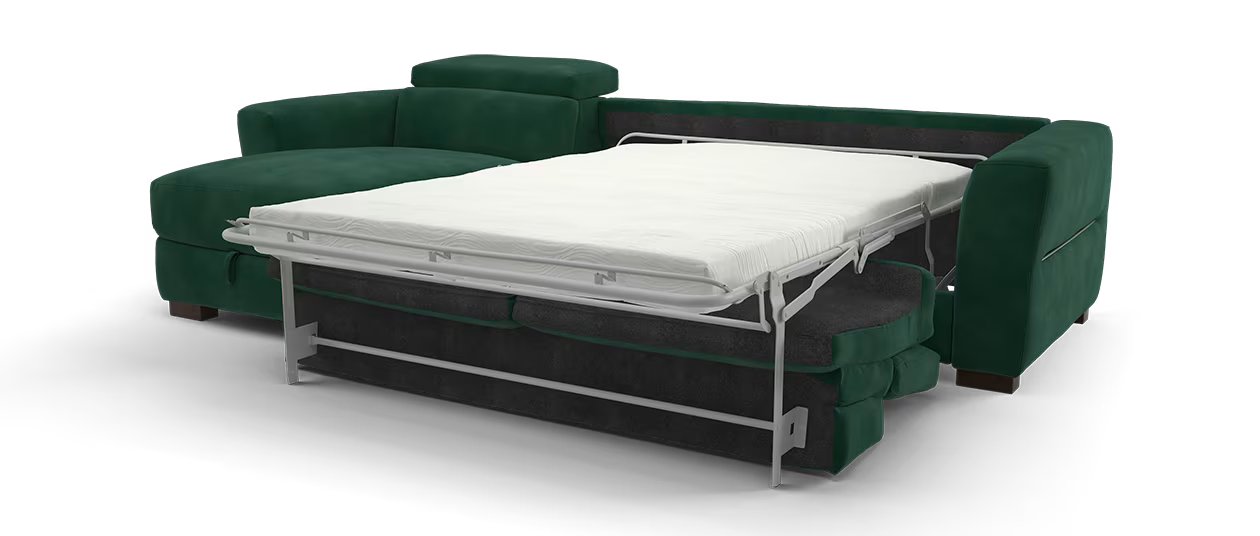 Sofology Metropolitan Fabric Chaise 4 Seater Sofa Bed with Storage in Lifestyle Mottled Dark Green