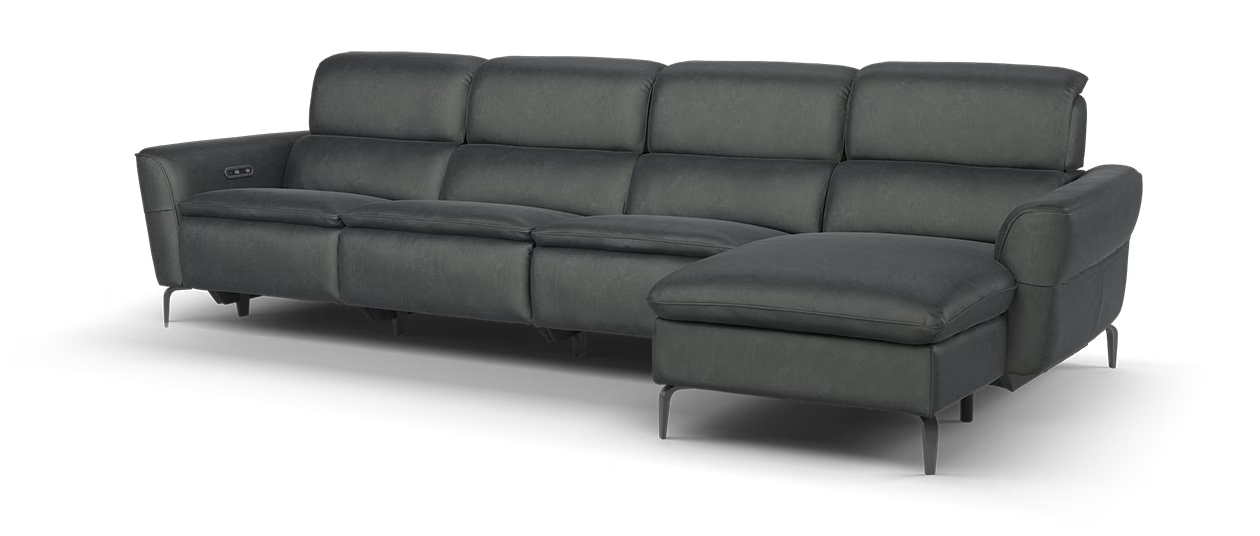Sofology Viento Fabric 4 Seater Chaise Power Recliner/Headrest Lumbar Heated Seat in Lifestyle Flecked Charcoal