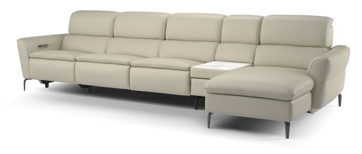 Sofology Viento Leather 4 Seater Chaise Console Power Recliner/Headrest Heated Seat Lumbar in Trusty Embossed Stone