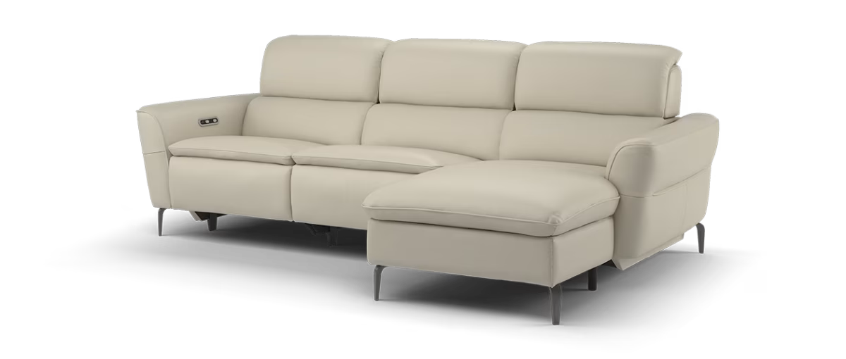 Sofology Viento Leather 3 Seater Chaise Power Recliner/Headrest Lumbar in Trusty Embossed Stone