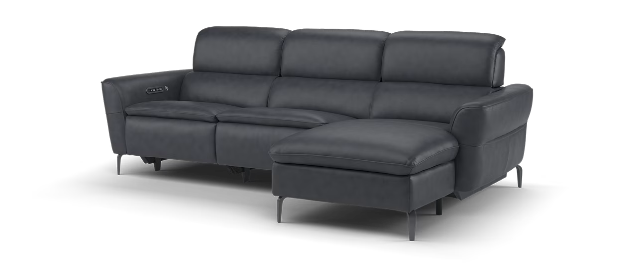 Sofology The Viento 3 Seater Leather Chaise, Power Recliner, HDRST,Lumber & Heated St in Navy