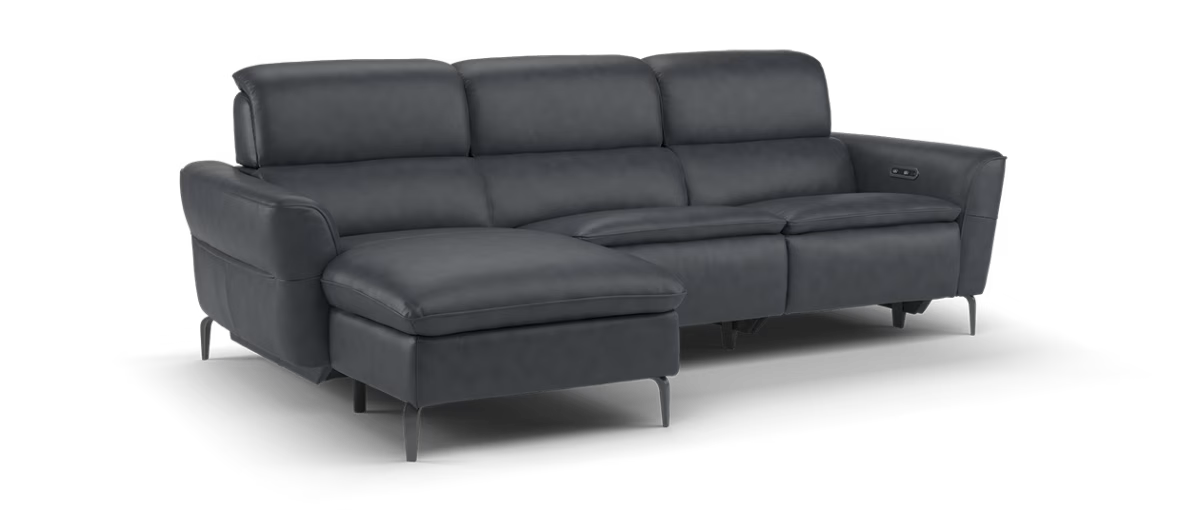 Sofology Viento Leather Chaise 3 Seater Power Recliner/Headrest Lumbar in Trusty Embossed Navy