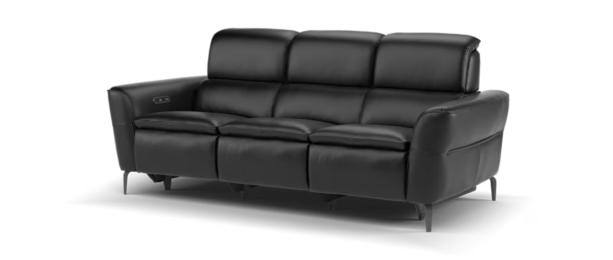 Sofology Viento Leather 3 Seater Power Recliner/Headrest Heated Seats Lumbar Support in Trusty Embossed Jet Black