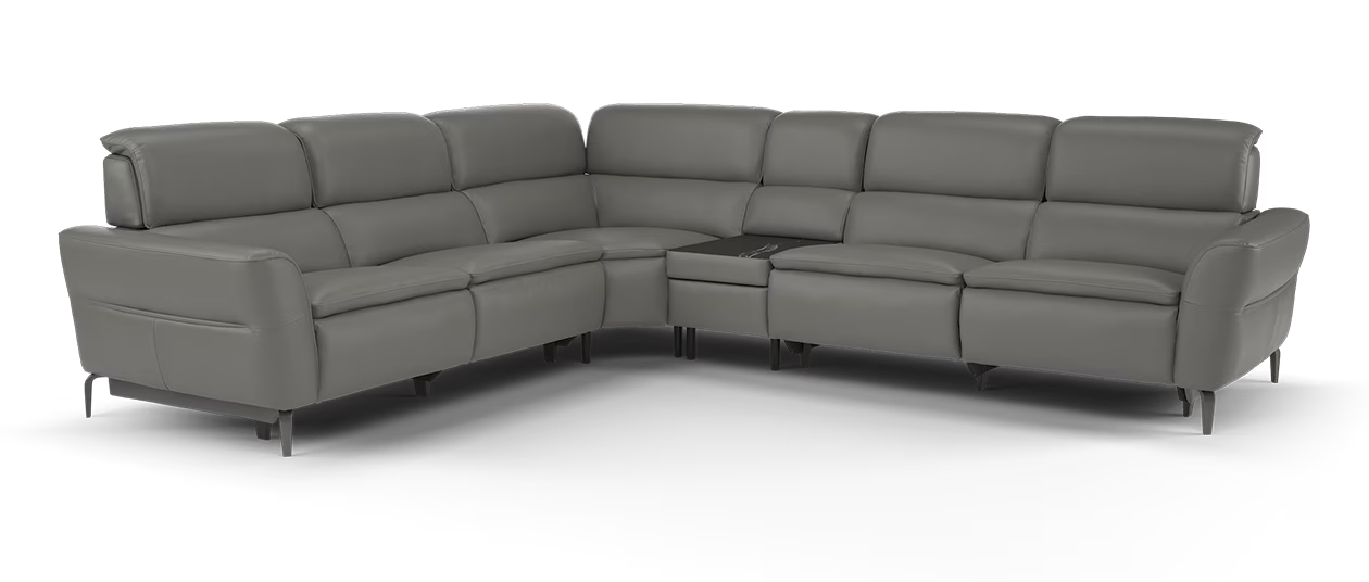 Sofology The Viento 3 Corner Console 3 in Trusty Embossed Leather Elephant With Power Recliner Power Headrest & Heated Seats