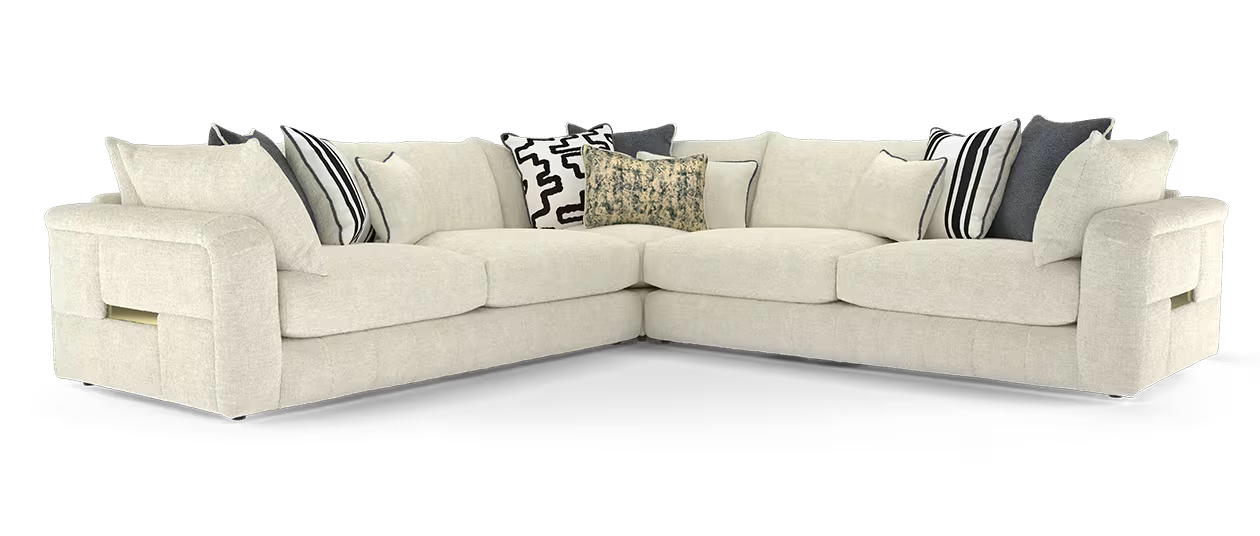Sofology Westwood Fabric 3 Corner 3 Gold Trim in Teddy Chenille Ivory Mix