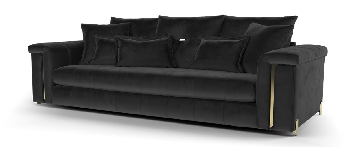 Sofology Oscar Fabric 4 Seater Gold Trim in Super Matt Velvet Black Mix