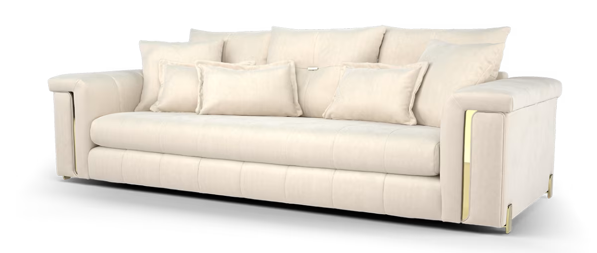 Sofology Oscar Fabric 4 Seater Gold Trim in Super Matt Velvet Ecru Mix