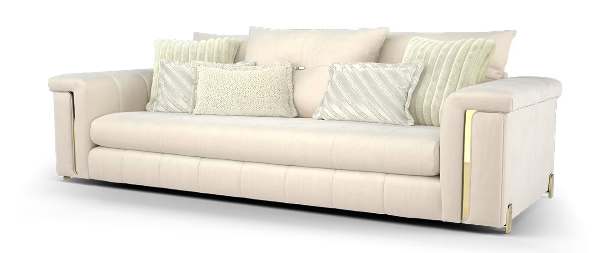 Sofology Oscar Fabric 4 Seater Gold Trim in Super Matt Velvet Ecru Mix