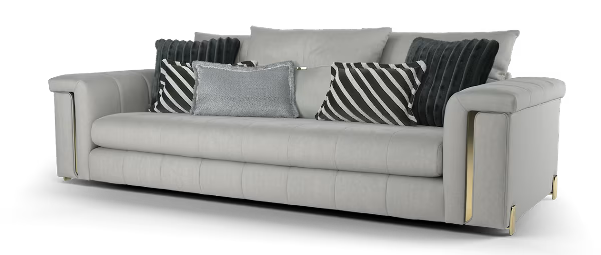 Sofology Oscar Fabric 4 Seater Split Gold Trim in Super Matt Velvet Silver Mix