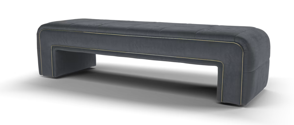 Sofology Oscar Fabric Large Bench Footstool Gold Trim in Super Matt Velvet Charcoal