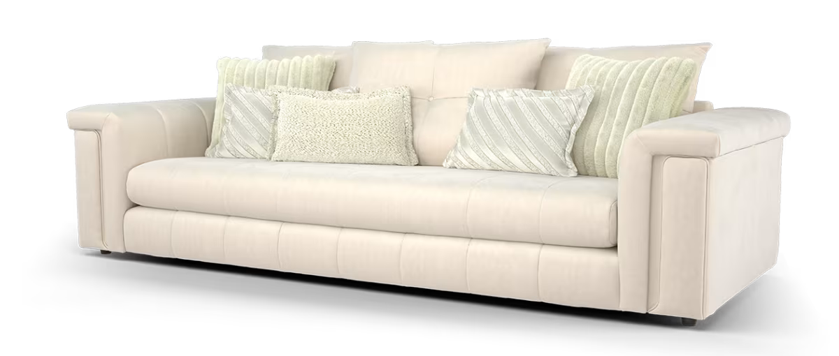 Sofology Oscar Fabric 4 Seater Distressed Walnut Trim in Super Matt Velvet Ecru Mix
