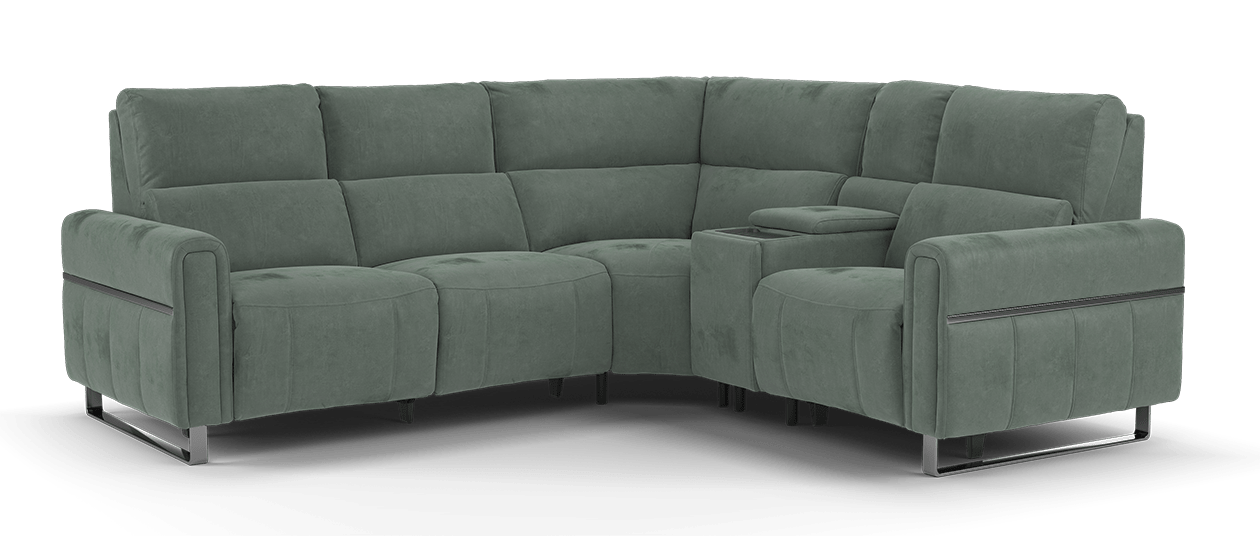 Sofology The Ravello 2 Corner, 1 Console Power Recliner/Headrest/ Lumber in Lifestyle Flecked Fabric Mineral Green