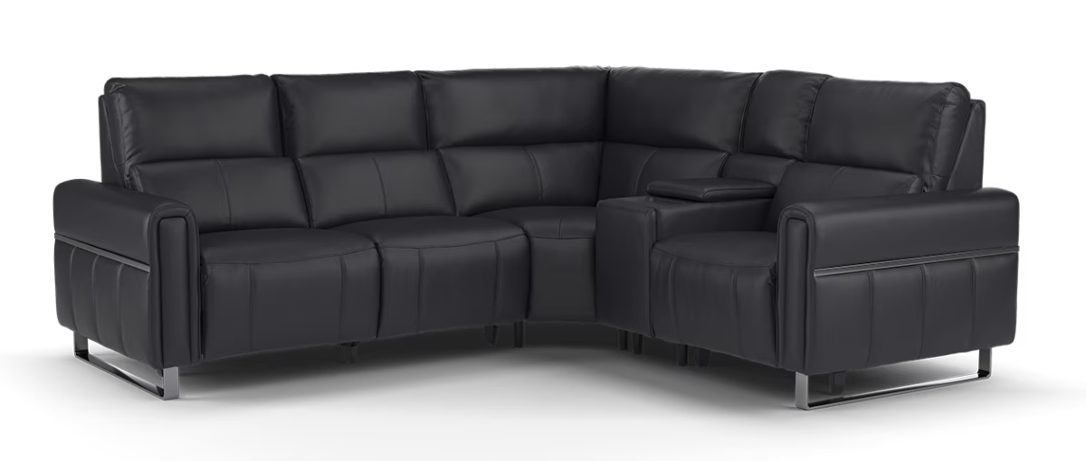 Sofology The Ravello Leather 2 Corner Console 1 Power Recliner/Headrest Heated Seat Lumbar Support in Trusty Embossed Navy