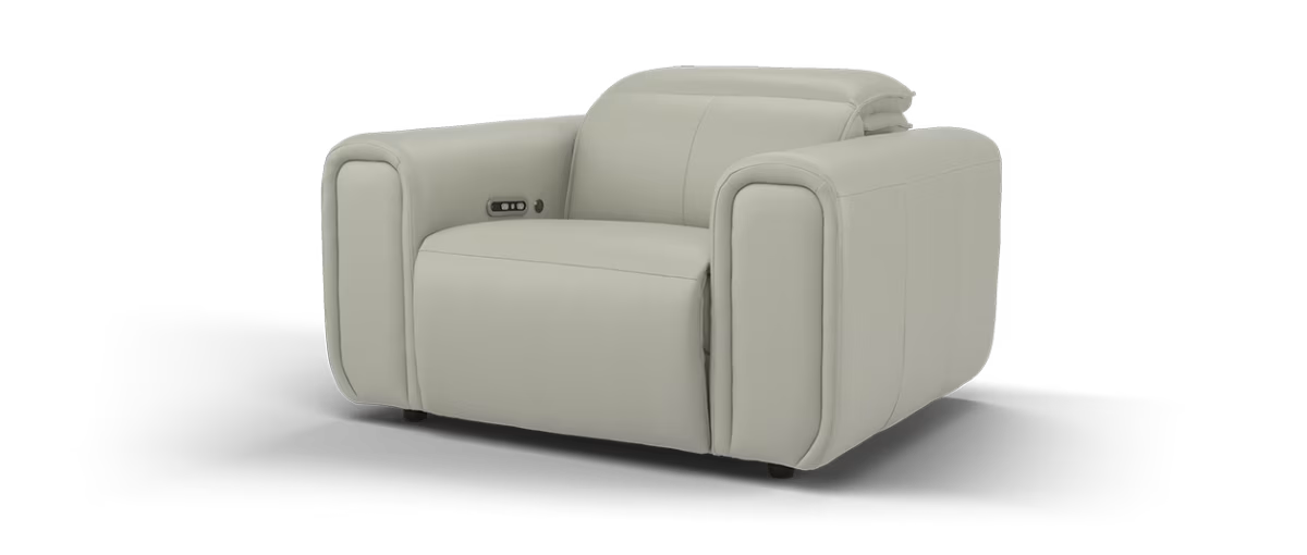 Sofology Premiere Leather Loveseat Power Recliner/Headrest Heated Seat in Trusty Embossed Light Grey