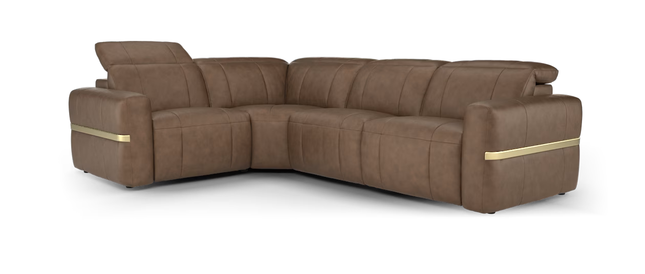 Sofology Lumiere Leather 1.5 Corner 3 Power Recliner/Headrest Gold Trim in Trusty Embossed Chestnut