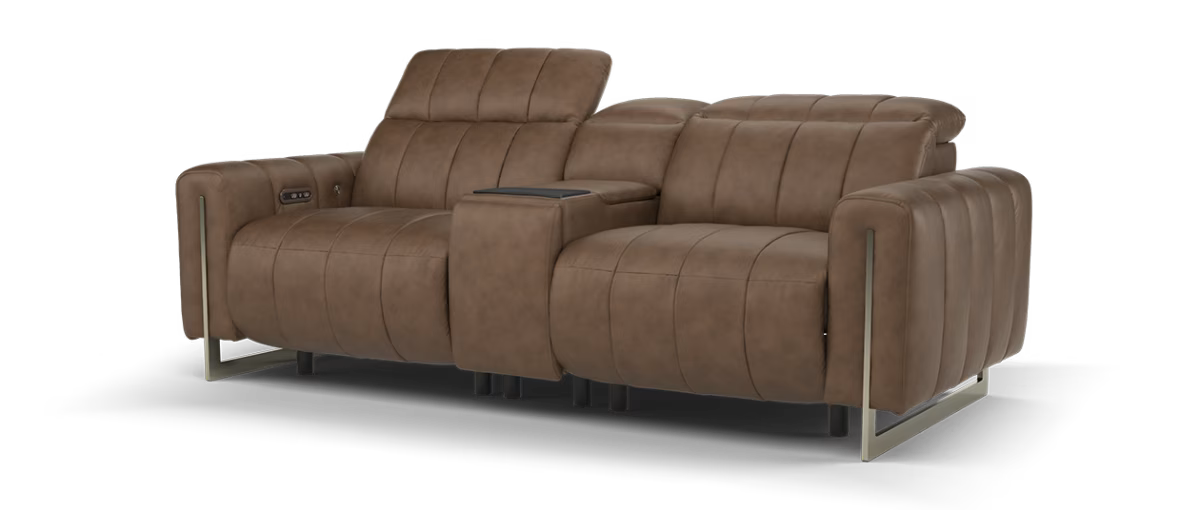 Sofology Paramount Leather 2.5 Seater Console Power Recliner/Headrest Speakers Heated Seats in Trusty Embossed Chestnut